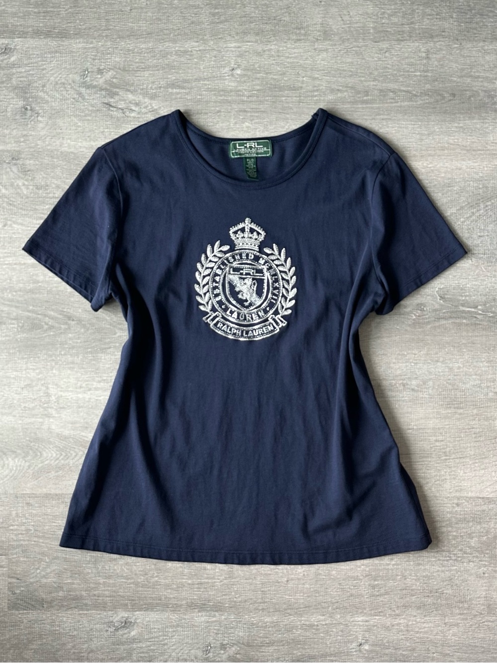 Ralph Lauren Navy Rhinestone Breaded Crest Short Sleeve Tee